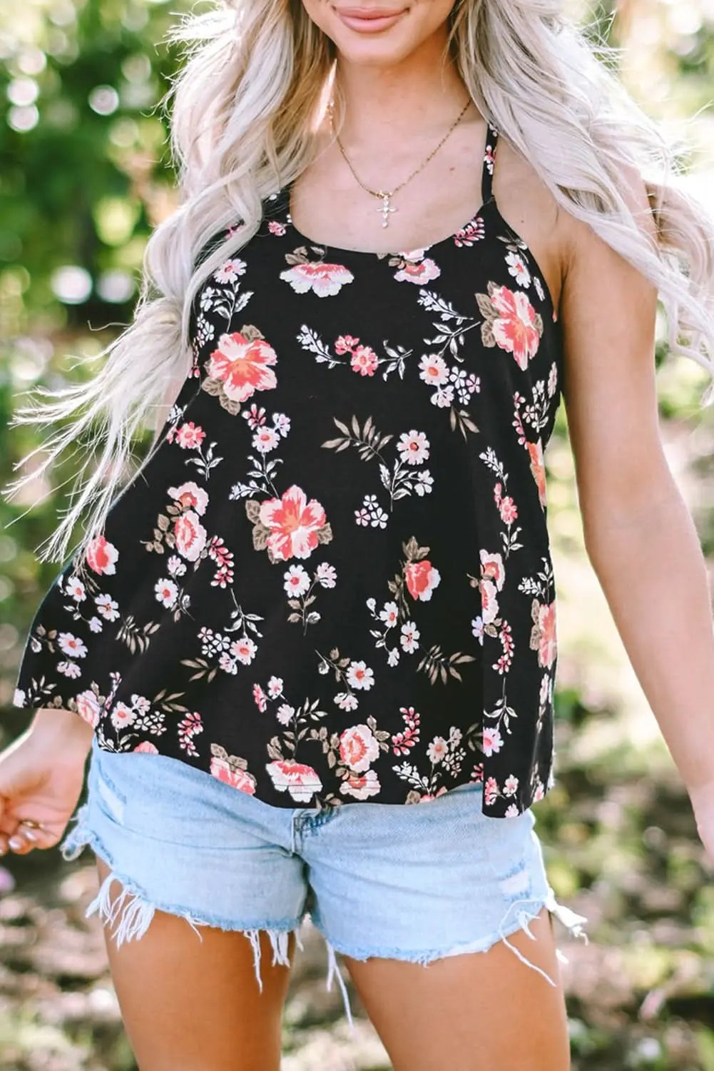 Black Floral Spaghetti Straps Strappy Back Tank Top - Love Salve